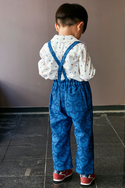 KIDS SUSPENDER PANTS - TEA CUP SASHIKO